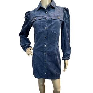 NWT Forever 21 SZ Small Navy Corduroy Button Up Puffy Sleeve Mini Shirt Dress